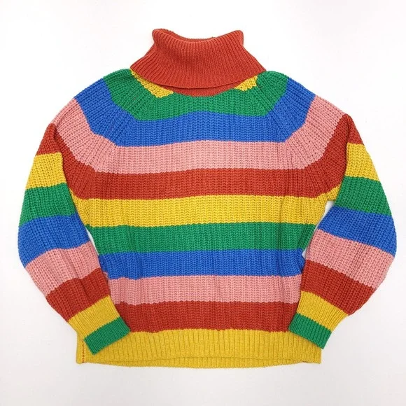 Womens Rainbow Striped Knit Sweater Long Sleeve Turtle Neck - Picture 1 of 3